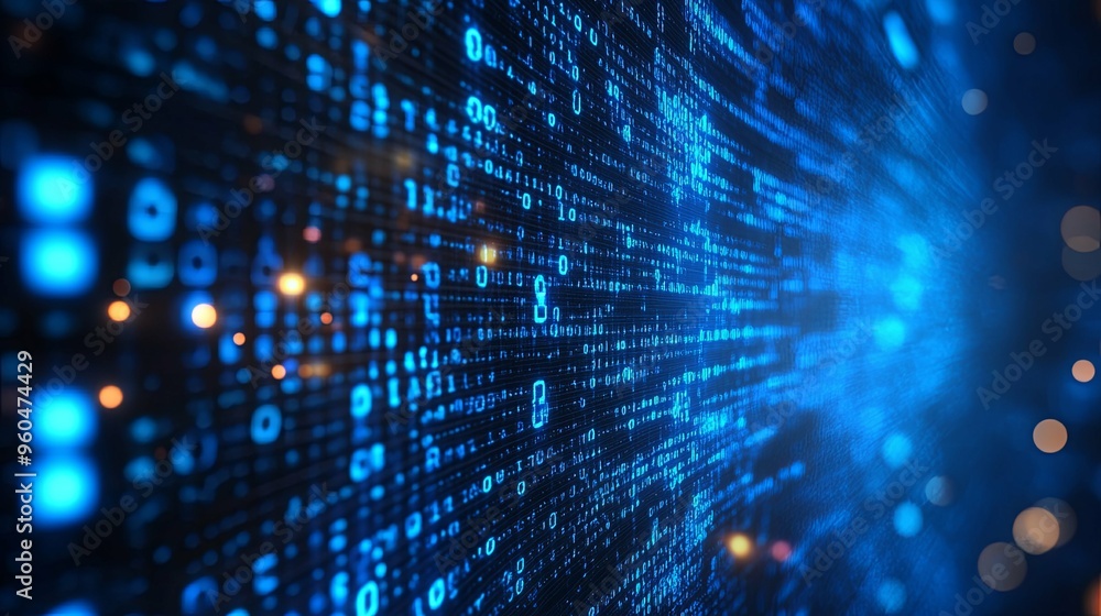 Abstract Blue and Black Digital Background with Binary Code and Bokeh Lights Abstract Blue and Black Digital Background with Binary Code and Bokeh Lights