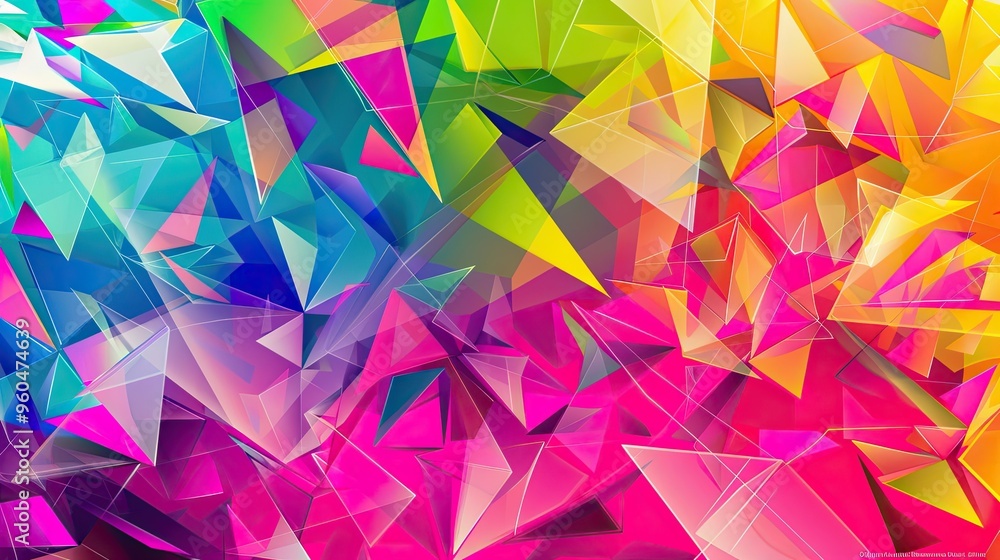 Fototapeta premium Sharp neon polygons in pink blue and lime create this glossy Cubist wallpaper