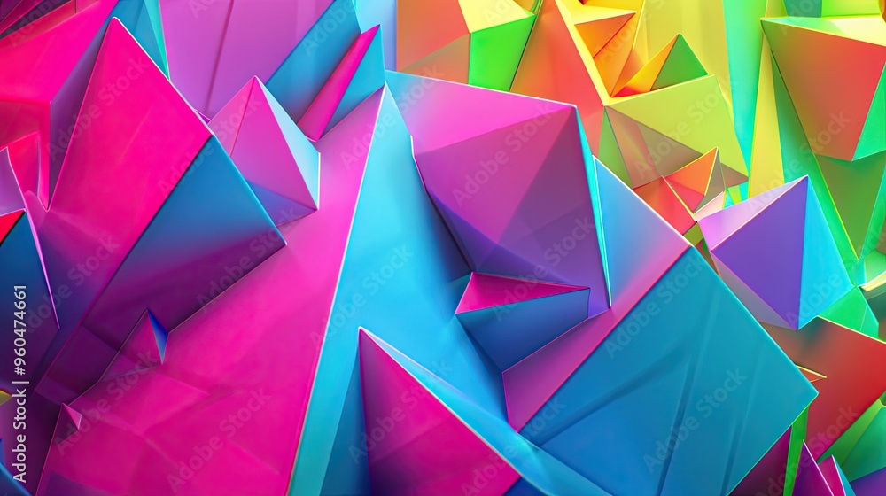Cubist wallpaper with sharp forms in neon pink electric blue and lime green glossy finish Cubist wallpaper with sharp forms in neon pink electric blue and lime green glossy finish