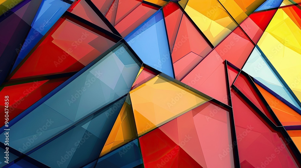 Fototapeta premium Reflective Cubist backdrop with primary colored irregular polygons and intersecting lines