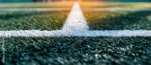 Sunlit Soccer Ball on Field Corner with Crisp White Lines photo