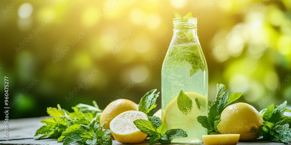 Fototapeta premium Lemonade in glass bottle with lemons and mint leaves.
