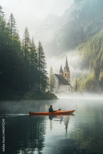 A man kayaking in still lake water with forest and church photo