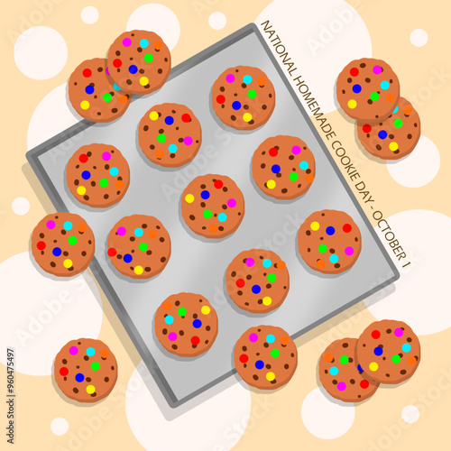 National Homemade Cookie Day event food banner. Cookies with colorful chocolate topping that have just been cooked with a baking sheet on cream background to celebrate on October 1st