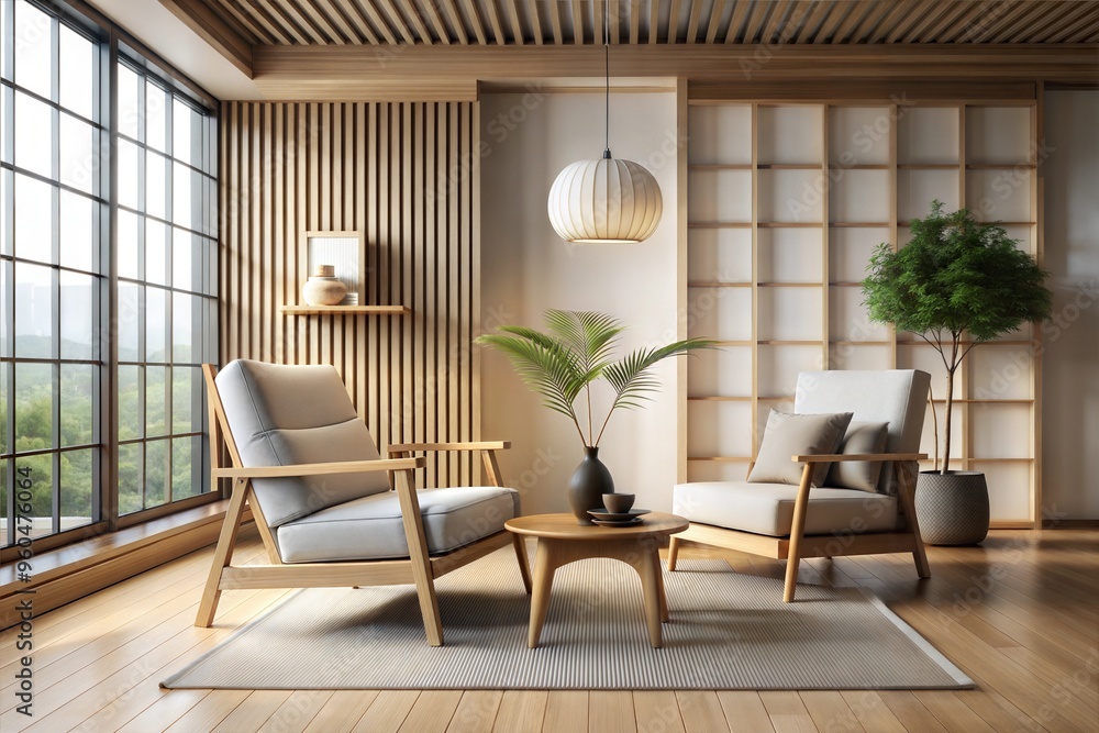Fototapeta premium Japanese inspired minimalist living room interior design