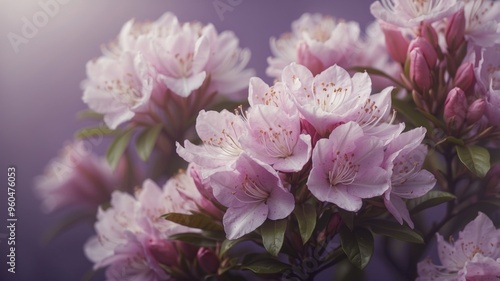 Delicate Pink Rhododendron Blossoms on Soft Violet Background.