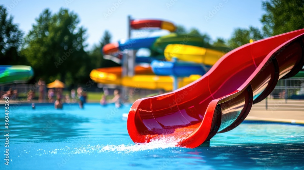 On a clear summer day, children delightfully splash into the sparkling water from thrilling slides at a lively swimming pool, surrounded by lush greenery On a clear summer day, children delightfully splash into the sparkling water from thrilling slides at a lively swimming pool, surrounded by lush greenery