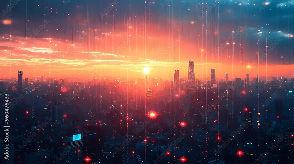 Cityscape with Red Lights and Sunset Cityscape with Red Lights and Sunset