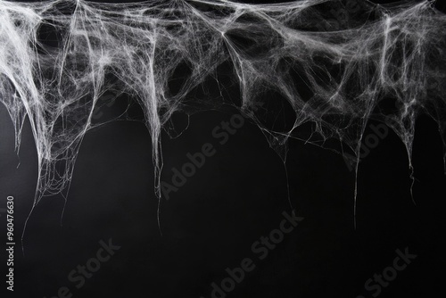 Creepy Spider Web. Halloween Background with Real Spider Webs on Black Banner photo