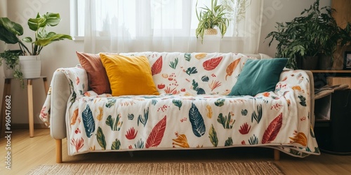 A cozy couch with floral patterned throw pillows. photo