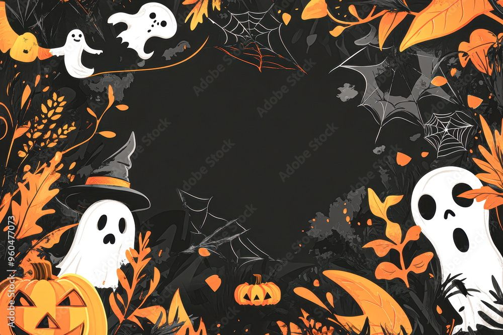 A Halloween themed background with ghosts, spiders, and pumpkins A Halloween themed background with ghosts, spiders, and pumpkins
