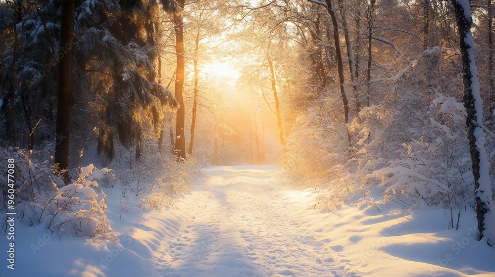Sunlit snowy forest path with golden sunlight streaming through trees, creating a peaceful winter landscape full of calm and serenity. Sunlit snowy forest path with golden sunlight streaming through trees, creating a peaceful winter landscape full of calm and serenity.