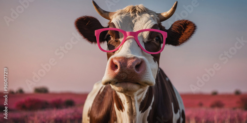 cow wears red glasses with pink background. photo