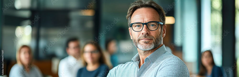 A man in a business suit stands in front of a group of people A man in a business suit stands in front of a group of people