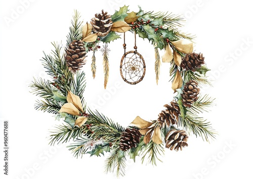 Boho Christmas wreath clipart, decorated with feathers and flowers, watercolor illustration, warm tones, isolated on white background photo