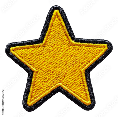 Yellow star patch with black border for crafts, cut out - stock png.