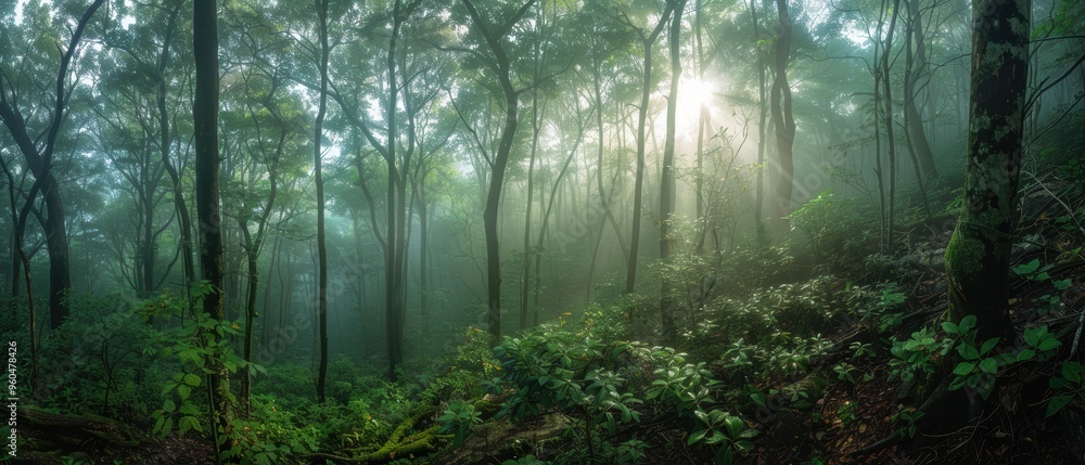 Fototapeta premium Enchanting Misty Morning in an Ancient Forest