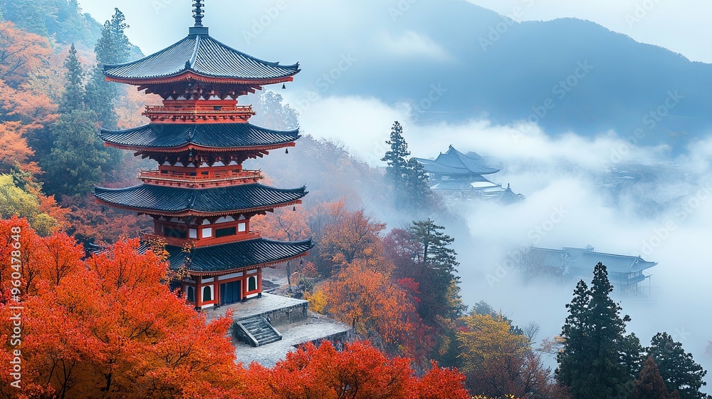 Pagoda Temple in Misty Mountain Landscape with Autumn Foliage Pagoda Temple in Misty Mountain Landscape with Autumn Foliage