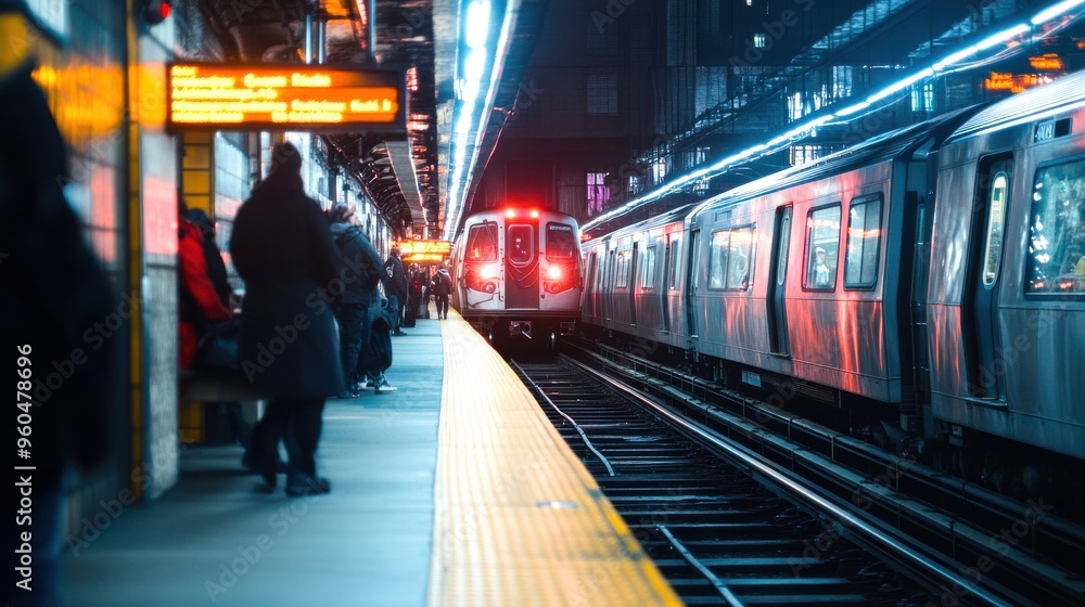 Commuters gather on the platform under glowing lights, while a train pulls in, creating a lively atmosphere filled with anticipation and excitement Commuters gather on the platform under glowing lights, while a train pulls in, creating a lively atmosphere filled with anticipation and excitement
