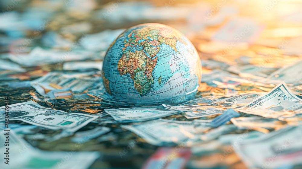 A globe is floating on top of a pile of money A globe is floating on top of a pile of money