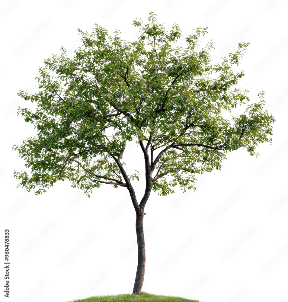 Lush green tree standing alone on grassy hilltop, cut out - stock png. Lush green tree standing alone on grassy hilltop, cut out - stock png.