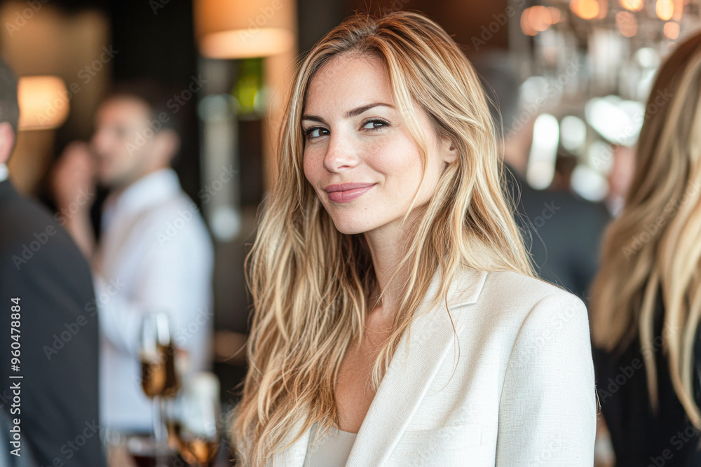 A woman with blonde hair is smiling and wearing a white jacket A woman with blonde hair is smiling and wearing a white jacket