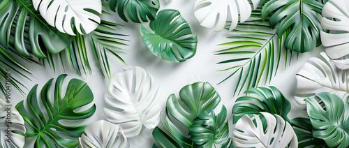 White and green tropical leaves 3D photo