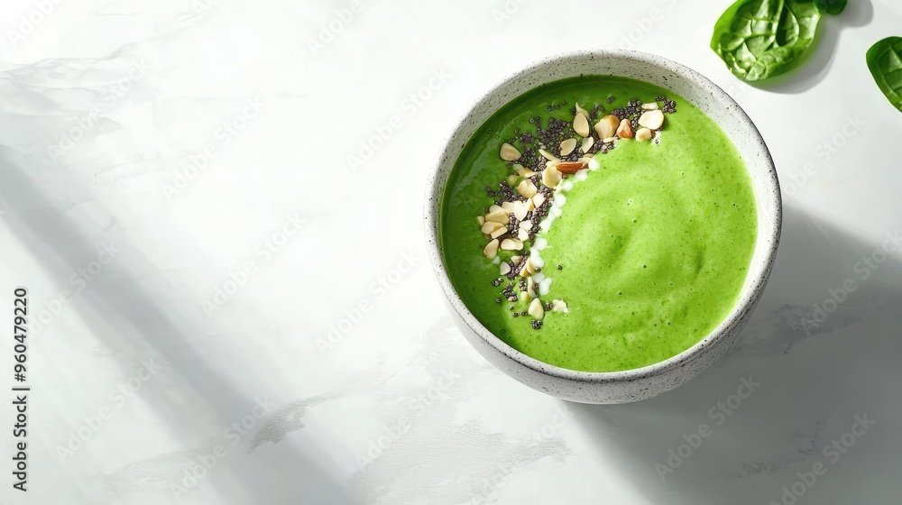 A vibrant bowl of green smoothie topped with seeds and oats, perfect for a healthy breakfast or snack. A vibrant bowl of green smoothie topped with seeds and oats, perfect for a healthy breakfast or snack.