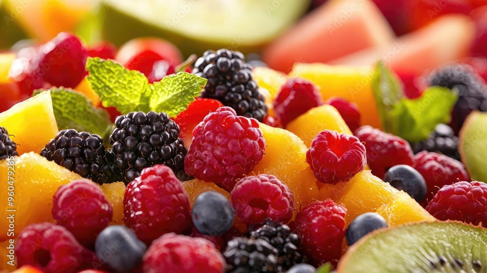 Vibrant mix of fresh fruits, including berries and melons, arranged beautifully with mint leaves for a refreshing and colorful display. Vibrant mix of fresh fruits, including berries and melons, arranged beautifully with mint leaves for a refreshing and colorful display.