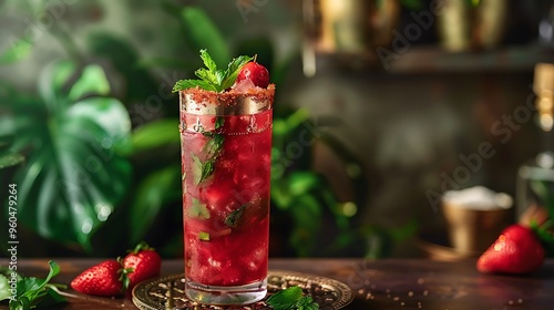 Energetic crimson orleans and veggie beverage with a bronze theme photo