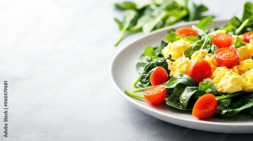 A vibrant salad featuring fresh spinach, cherry tomatoes, and fluffy scrambled eggs, perfect for a healthy meal or brunch. A vibrant salad featuring fresh spinach, cherry tomatoes, and fluffy scrambled eggs, perfect for a healthy meal or brunch.