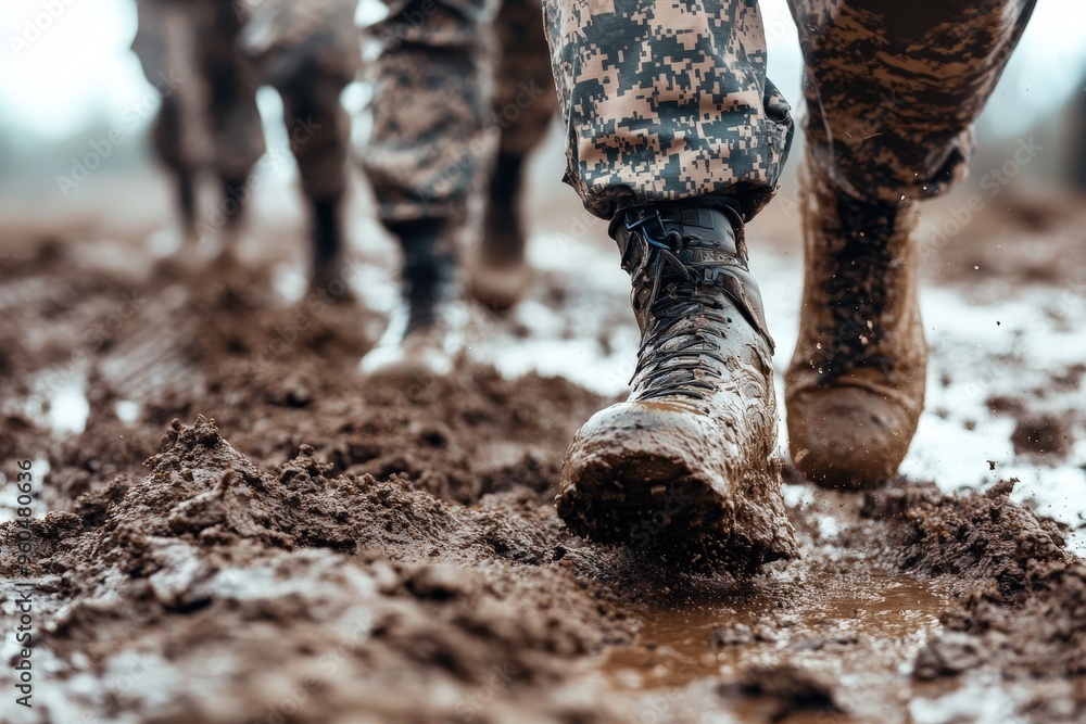 Muddy boots of soldiers trudge through a field, emphasizing the gritty and demanding conditions of military training, representing endurance and perseverance under tough circumstances. Muddy boots of soldiers trudge through a field, emphasizing the gritty and demanding conditions of military training, representing endurance and perseverance under tough circumstances.