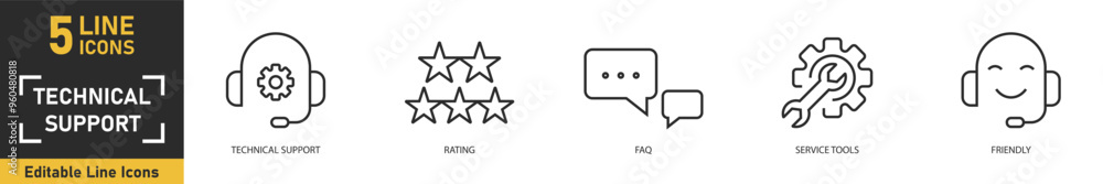 Technical Support line icon set. Set of 5 outline icons related to technical support, rating, faq, service tools, friendly and more. Vector illustration. Technical Support line icon set. Set of 5 outline icons related to technical support, rating, faq, service tools, friendly and more. Vector illustration.
