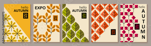 Abstract autumn art. Bright warm colors, fall leaves, trees, geometric retro pattern. Frame, background for text. Modern autumn poster, web banner, flyer vector design.