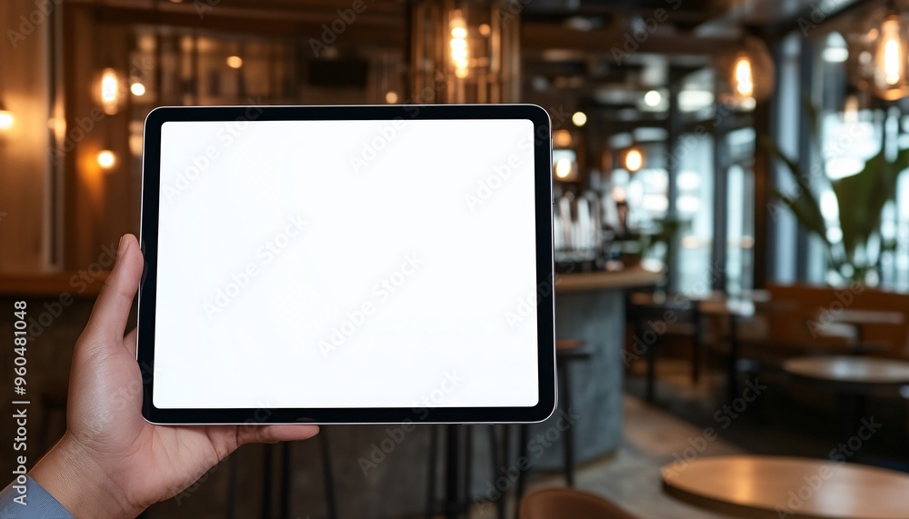 Hand holding a tablet displaying a blank screen, ideal for showcasing applications and designs in a device mockup.