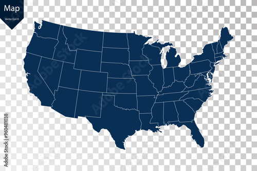 Transparent - High Detailed Blue Map of United States. Vector eps10.	
