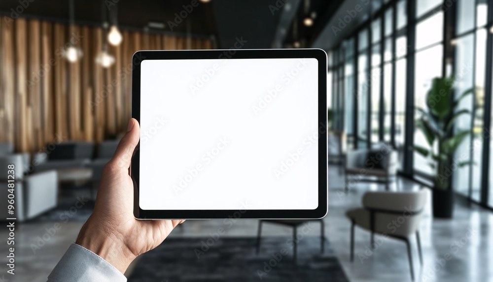 Hand holding a tablet displaying a blank white screen for easy customization and design showcasing device mockup.