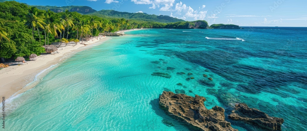 Obraz premium Paradise Found: Aerial View of Tropical Beach with Turquoise Waters and Palm Trees