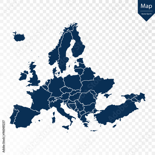 Transparent - High Detailed Blue Map of Europe. Vector eps10.	
