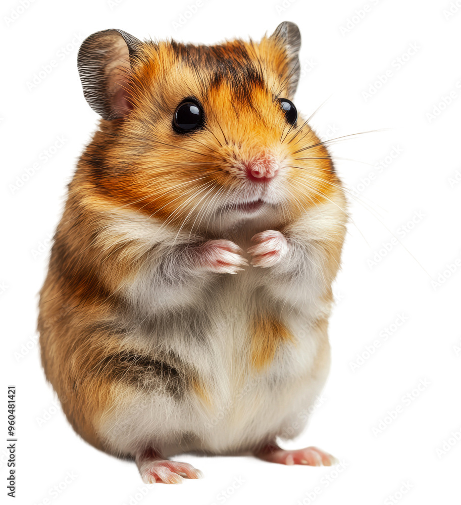 Cute golden hamster posing with tiny paws raised, cut out - stock png. Cute golden hamster posing with tiny paws raised, cut out - stock png.