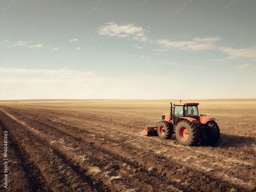 Obraz premium Automated Tractor Revolutionizing Modern Agriculture in Vast Cultivated Fields Under Clear Skies