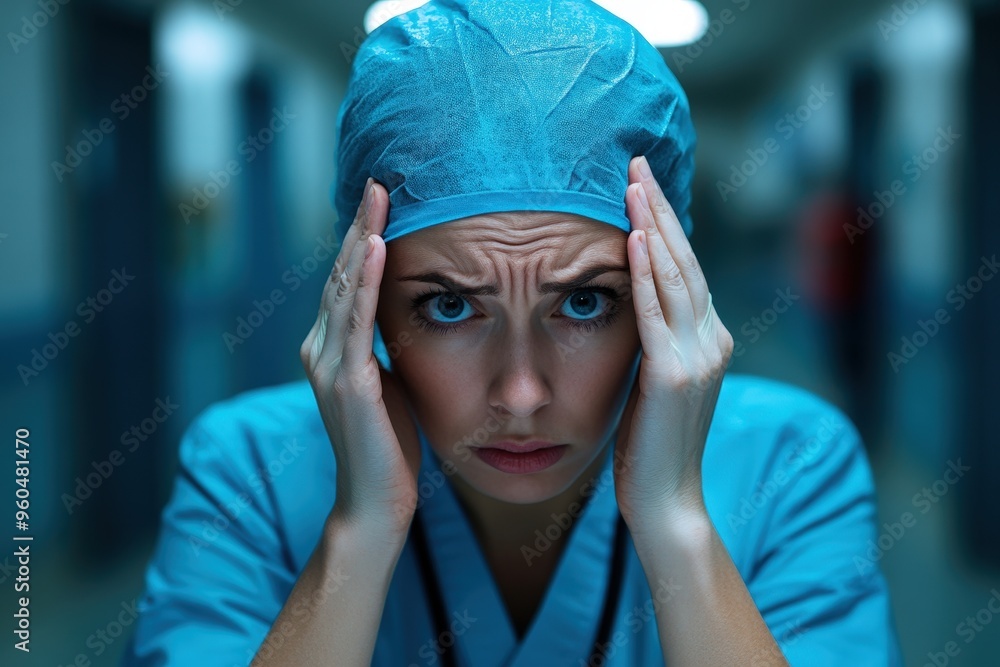 A nurse in scrubs and a cap looks stressed, holding her head in a hospital corridor, illustrating the intense pressure and emotional burden faced by healthcare professionals. A nurse in scrubs and a cap looks stressed, holding her head in a hospital corridor, illustrating the intense pressure and emotional burden faced by healthcare professionals.