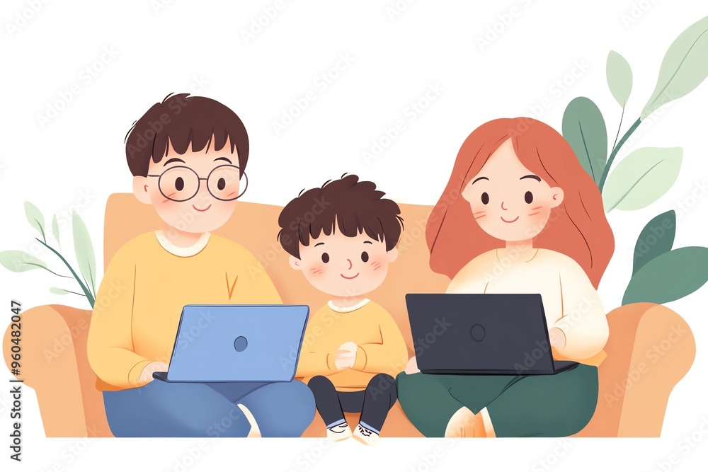 Educational and tech themes. Happy family sitting on a couch using laptops, including a mother, father, and child. Educational and tech themes. Happy family sitting on a couch using laptops, including a mother, father, and child.
