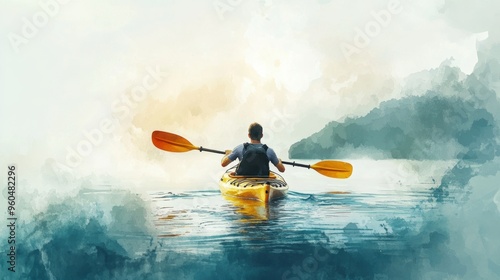 Watercolor painting of a man kayaking in water