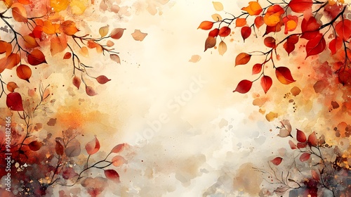 A soft watercolor background with autumn leaves in shades of gold, red, and orange, blending harmoniously to create a cozy fall scene.