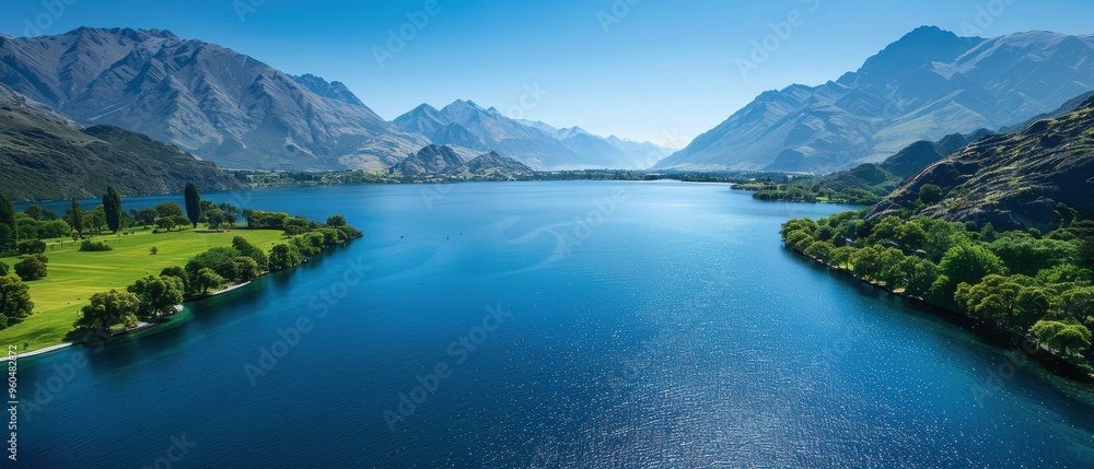 Naklejka premium Majestic Aerial View of Serene Mountain Lake | Peaceful Landscape with Scenic Mountain Range Reflection