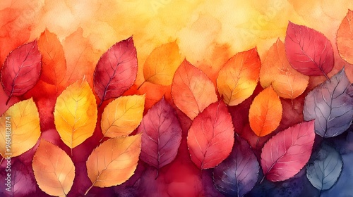 A vibrant watercolor painting of autumn leaves in shades of yellow, orange, and red, creating a rich and artistic seasonal background. photo