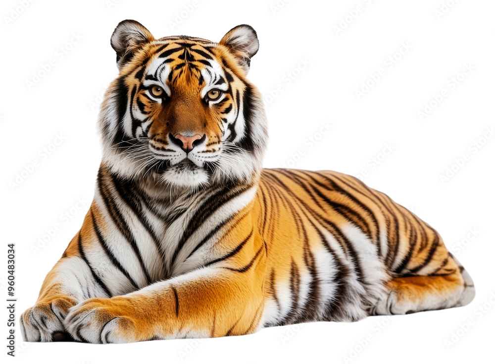 Fototapeta premium Majestic tiger resting in natural posture indoors, cut out - stock png.
