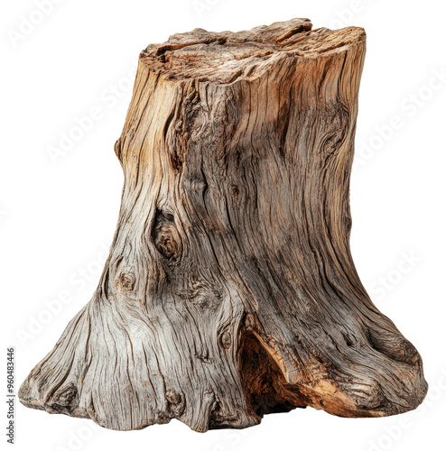 Unique textured wooden stump on display, cut out - stock png.