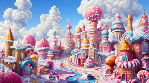 A castle made of candies and lollipops, with water flowing through a sugar castle and a nearby village made of magical cookies. photo